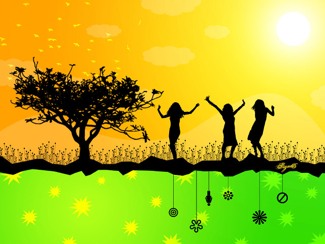 Group walking field tree sunset free wallpaper for desktop - medium preview image