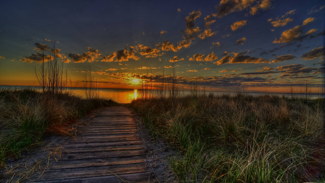 Boardwalk beach sunset sky clouds free wallpaper for desktop - medium preview image