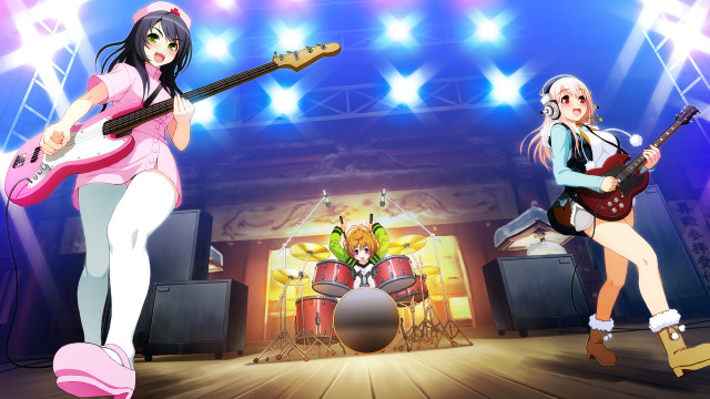 Anime girls guitar stage microphone free wallpaper for desktop - medium preview image