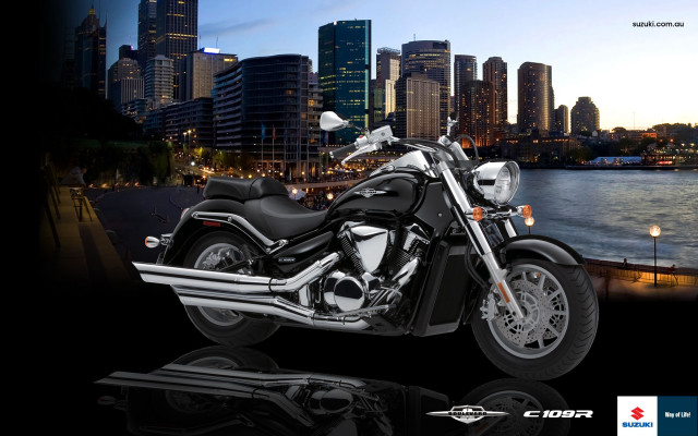 Motorcycle city skyline night reflection free wallpaper for desktop - medium preview image
