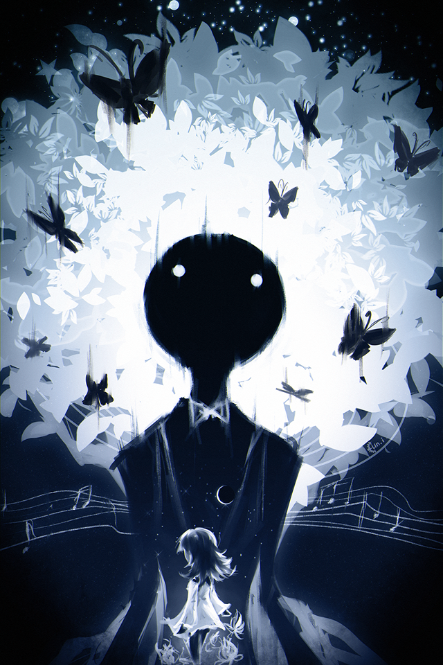 Strange head butterflies music notes free wallpaper for mobile - medium preview image