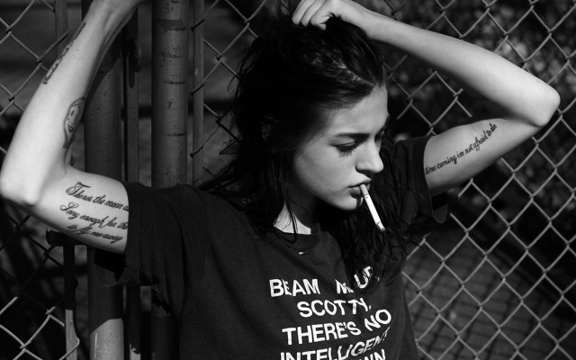 Woman tattoos smoking cigarette fence free wallpaper for desktop - medium preview image