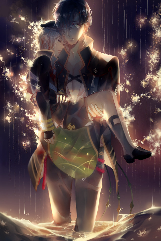 Anime couple hugging rain stars free wallpaper for mobile - medium preview image