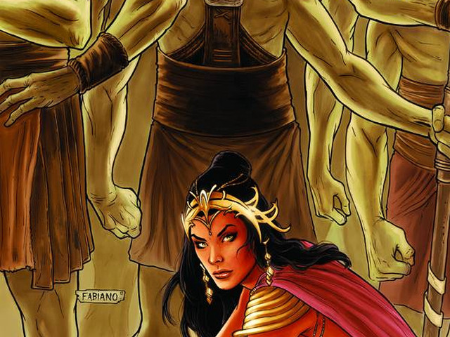 Woman red cape man yellow free wallpaper for desktop - medium preview image