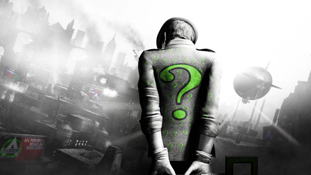 Man green question mark cityscape free wallpaper for desktop - medium preview image