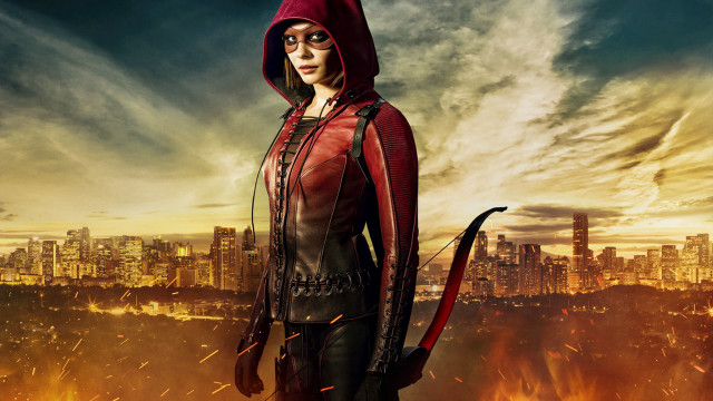 Woman red hoodie city skyline free wallpaper for desktop - medium preview image