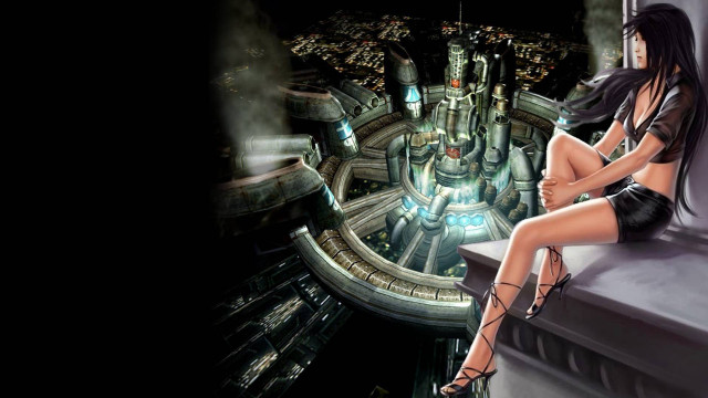 Woman sitting ledged cityscape futuristic free wallpaper for desktop - medium preview image
