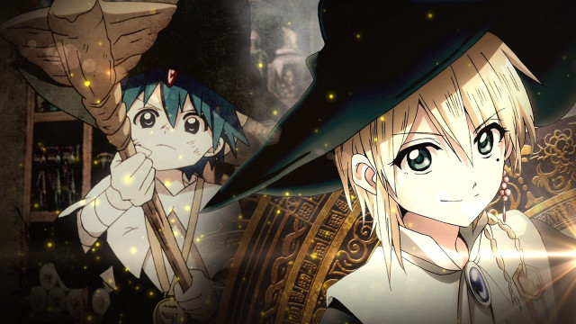 Anime couple witch hat broom free wallpaper for desktop - medium preview image