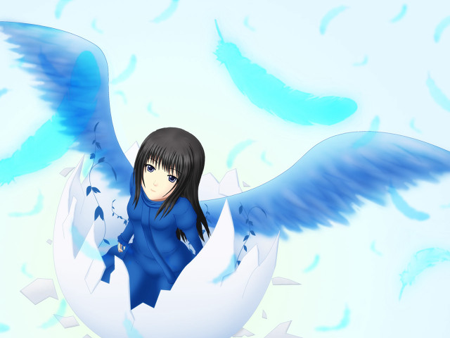 Girl black hair blue wings free wallpaper for desktop - medium preview image
