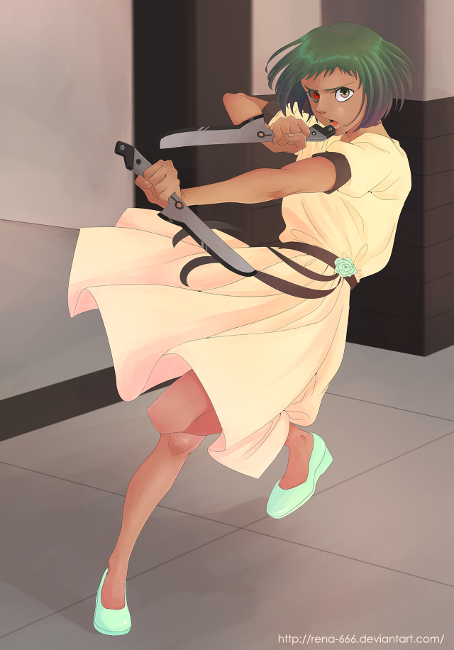 Woman dress scissors green hair free wallpaper for mobile - medium preview image