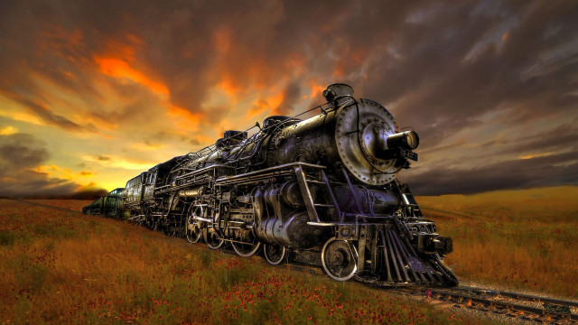 Steampunk train sunset cloudy mountains free wallpaper for desktop - medium preview image