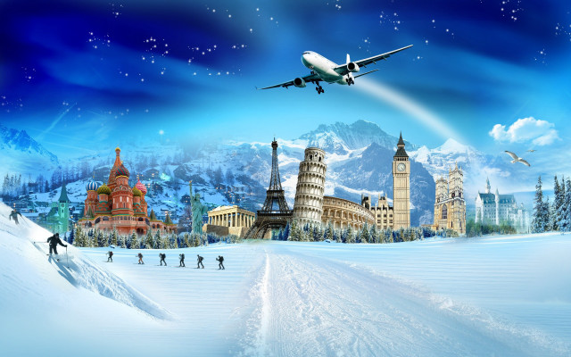 Plane snowy landscape people walking free wallpaper for desktop - medium preview image