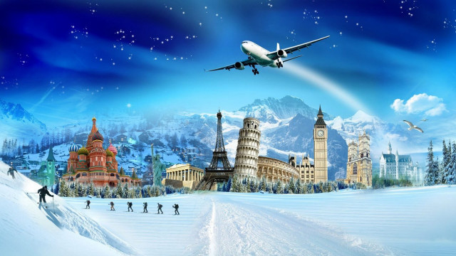 Snowy landscape plane city people free wallpaper for desktop - medium preview image