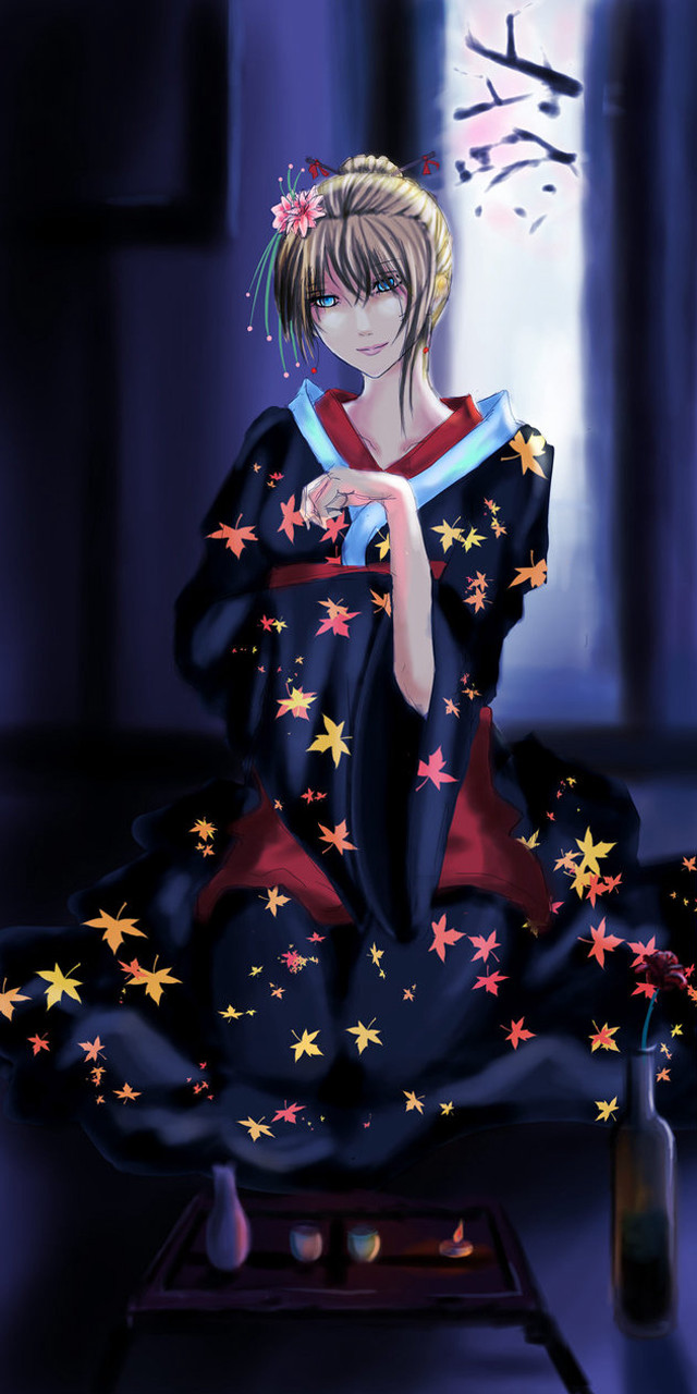 Woman kimono sitting table wine free wallpaper for mobile - medium preview image