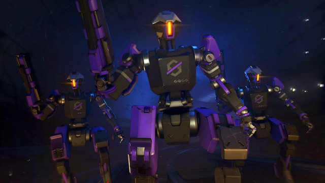 Robot glowing mecha purple background free wallpaper for desktop - medium preview image