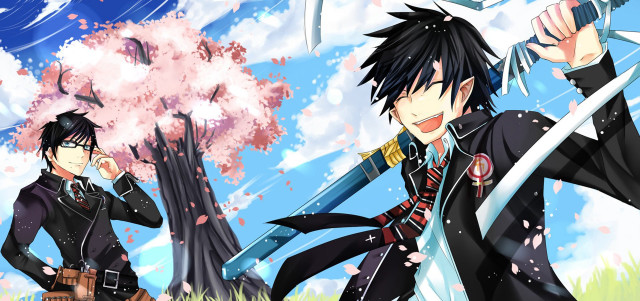 Anime characters swords pink flowers free wallpaper for desktop - medium preview image