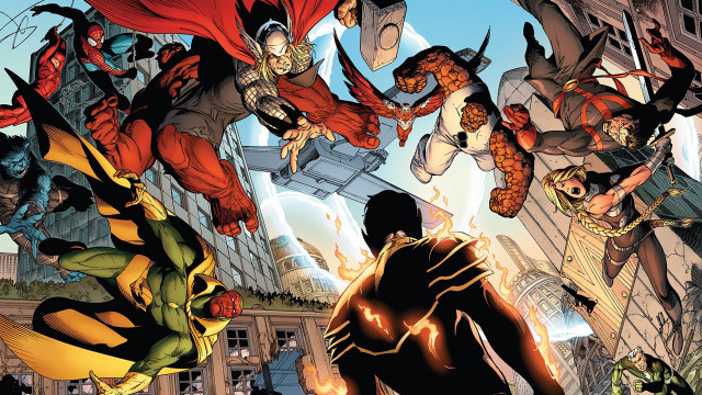 Superheroes flying cityscape buildings skyscrapers free wallpaper for desktop - medium preview image