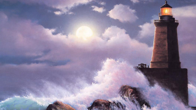 Lighthouse stormy night fullmoon wave free wallpaper for desktop - medium preview image