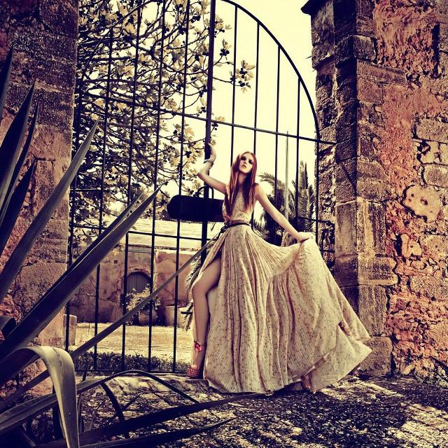 Woman dress stairs dog lap free wallpaper for tablet - medium preview image