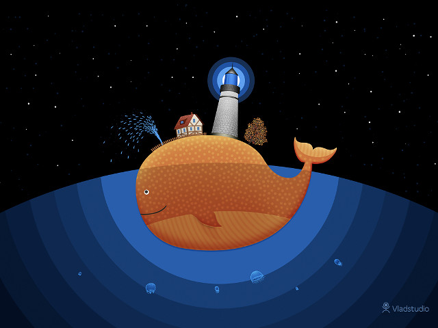 Cartoon whale ocean lighthouse house free wallpaper for desktop - medium preview image