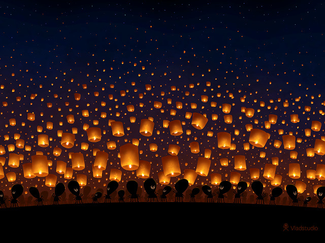 Lanterns field night sky trees free wallpaper for desktop - medium preview image