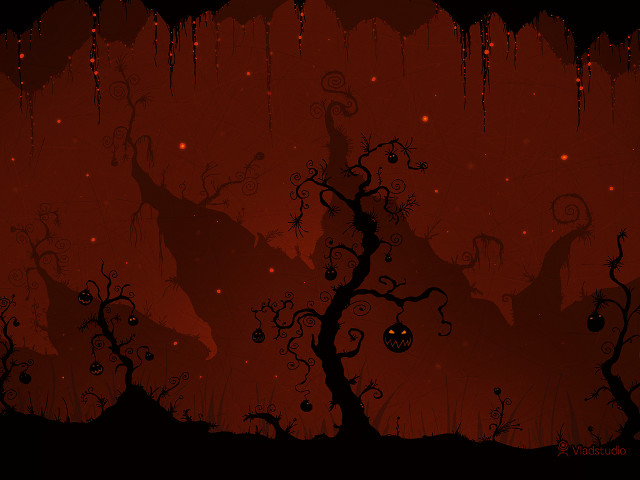 Red background tree pumpkin spooky free wallpaper for desktop - medium preview image