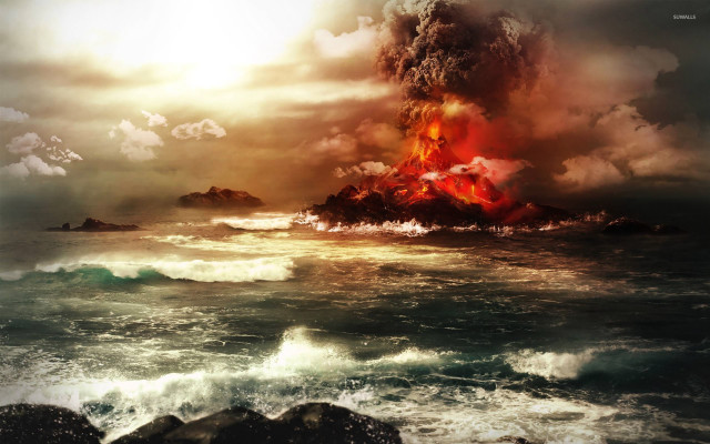Volcano lava ocean waves sunset free wallpaper for desktop - medium preview image