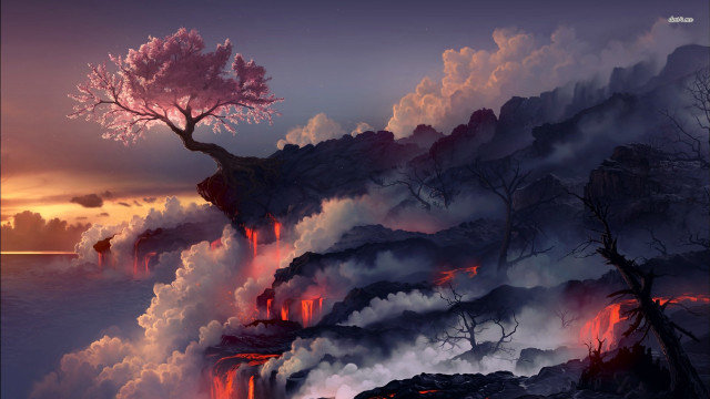 Volcano tree lava sunset painting free wallpaper for desktop - medium preview image