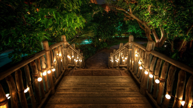 Wooden bridge lights trees background free wallpaper for desktop - medium preview image