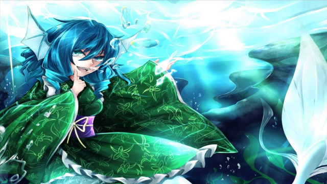 Woman green dress blue hair free wallpaper for desktop - medium preview image