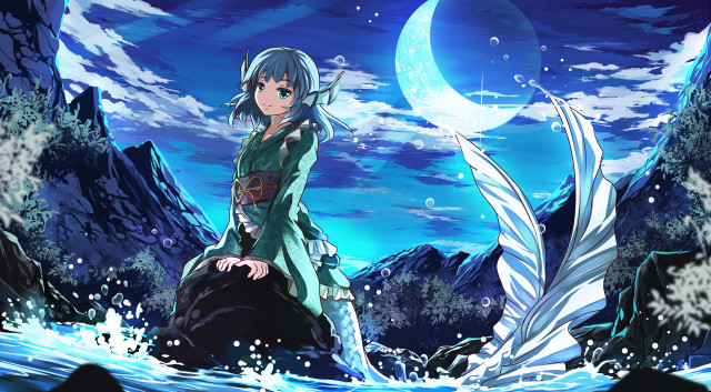 Woman green dress water moon free wallpaper for desktop - medium preview image