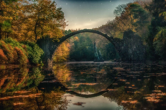 Bridge water trees foliage nighttime free wallpaper for desktop - medium preview image