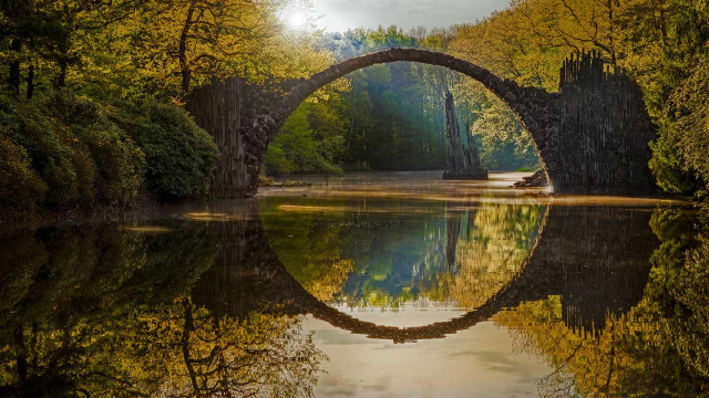Bridge river boat trees person free wallpaper for desktop - medium preview image