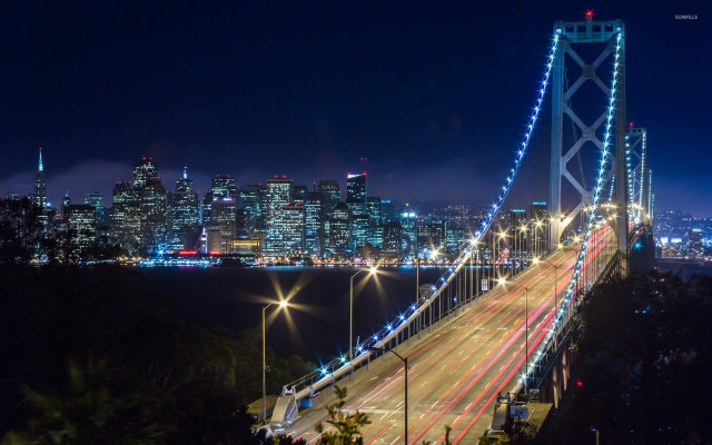 Night city bridge lights background free wallpaper for desktop - medium preview image