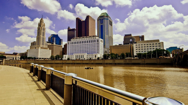 City skyline river bridge railing free wallpaper for desktop - medium preview image