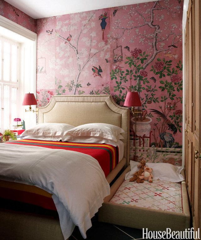 Bedroom pink wallpaper bird motif free wallpaper for mobile - medium preview image