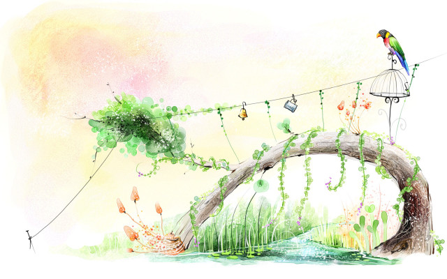 Bird branch lights painting artwork free wallpaper for desktop - medium preview image