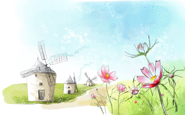 Windmill field flowers blue sky free wallpaper for desktop - medium preview image