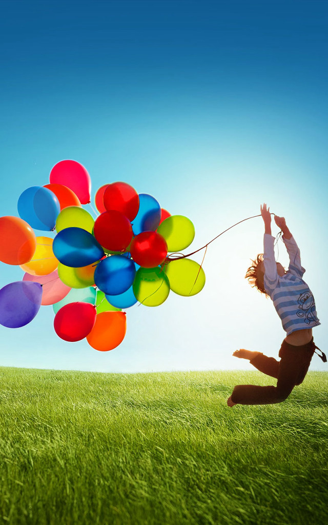 Person jumping balloons blue sky #2 free wallpaper for mobile - medium preview image