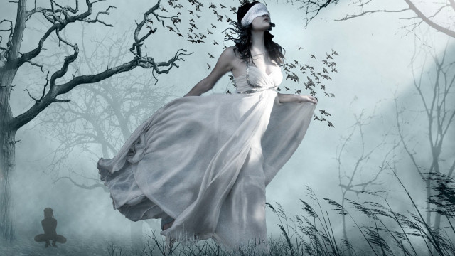 Woman white dress flying forest #2 free wallpaper for desktop - medium preview image