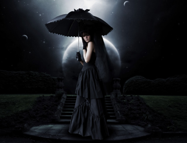 Woman black dress umbrella full free wallpaper for desktop - medium preview image