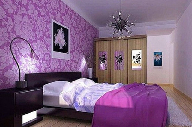 Purple bedroom white bed black free wallpaper for desktop - medium preview image