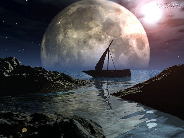 Boat floating water full moon free wallpaper for desktop - medium preview image