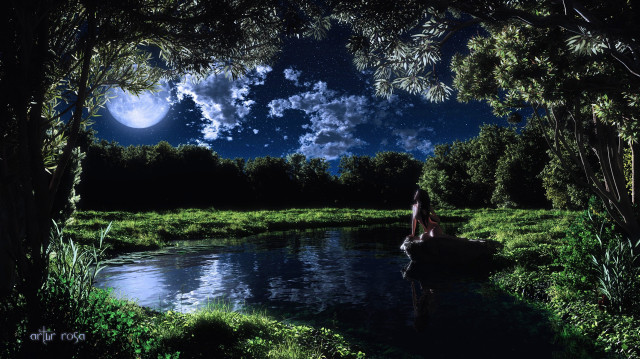 Person sitting log river night free wallpaper for desktop - medium preview image