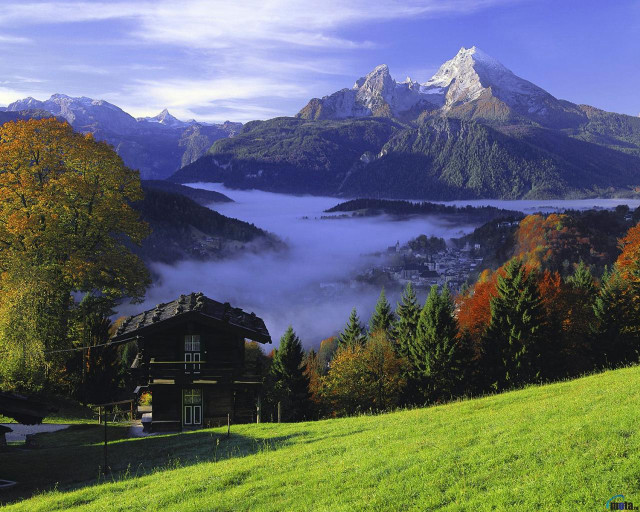 House mountains valley foggy view free wallpaper for desktop - medium preview image