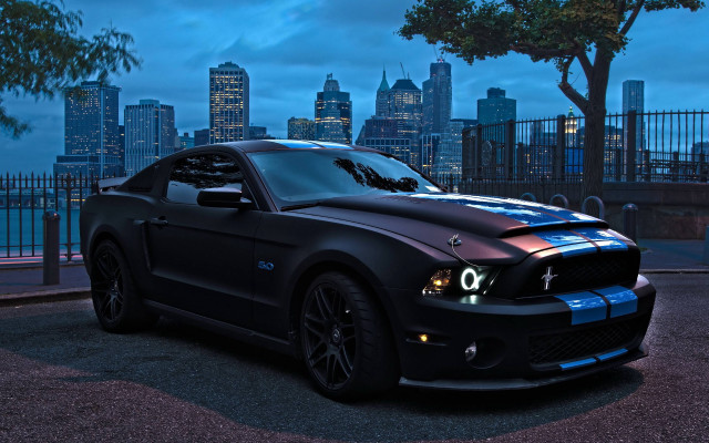 Black mustang city night bridge free wallpaper for desktop - medium preview image
