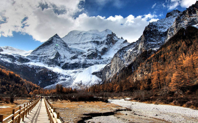 Wooden walkway mountain river snowy free wallpaper for desktop - medium preview image