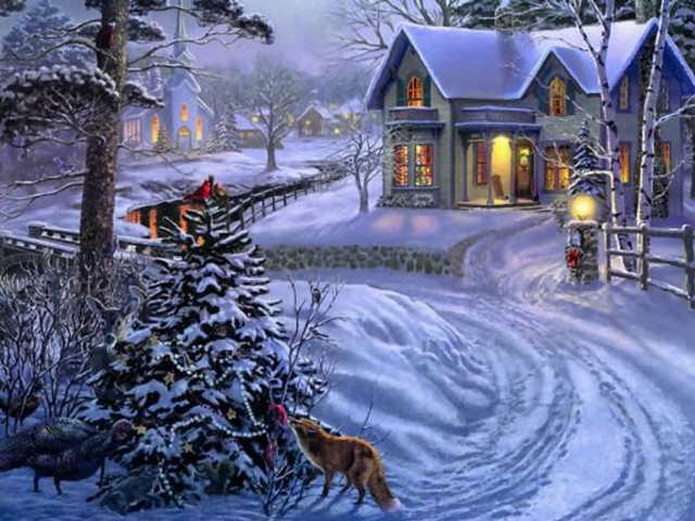 Snowy house dog christmas tree free wallpaper for desktop - medium preview image