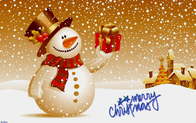 Snowman holding gift snow house free wallpaper for desktop - medium preview image