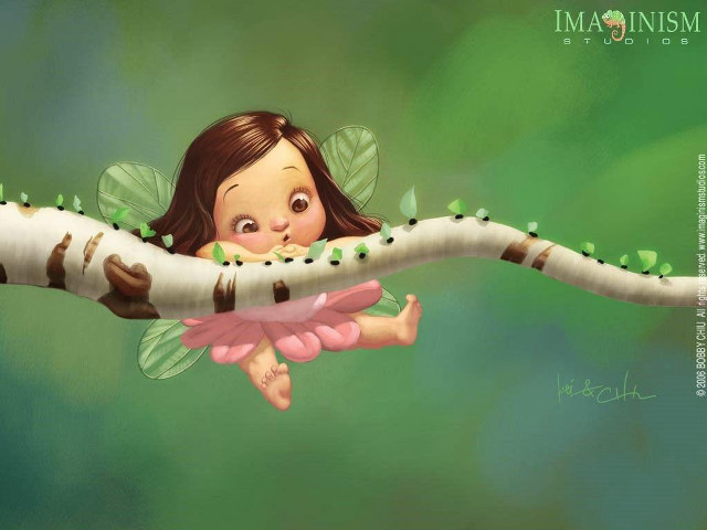 Girl branch caterpillar green background free wallpaper for desktop - medium preview image